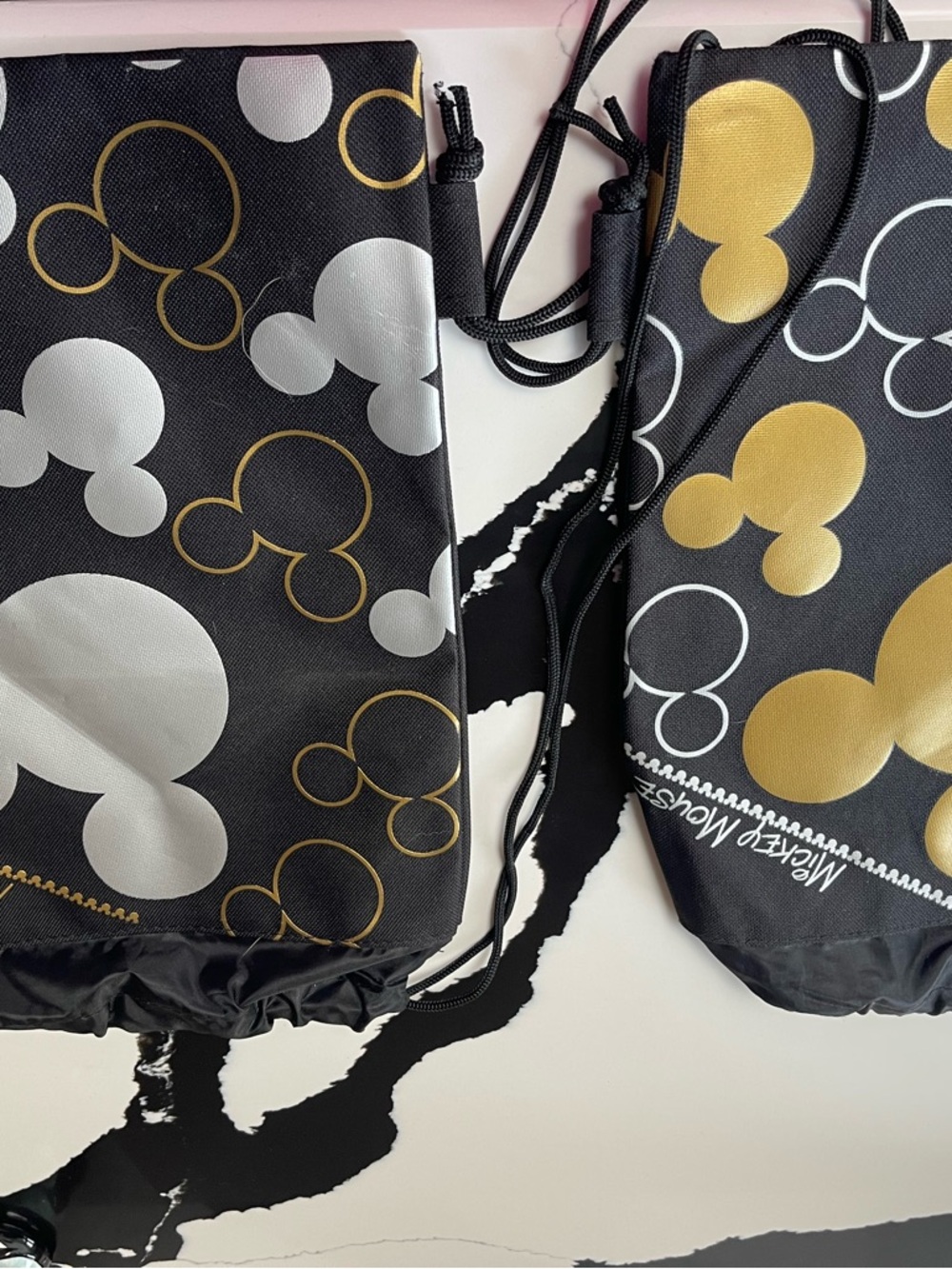 Set of 2 Mickey Mouse Black Drawstring Bag with Gold & Silver Icon Print